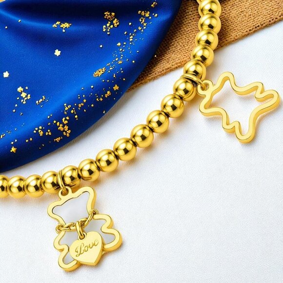 🆕️18K Gold Plated Bear Charm Stretch Bracelet Beaded Stainless Steel Stackable - Picture 8 of 10